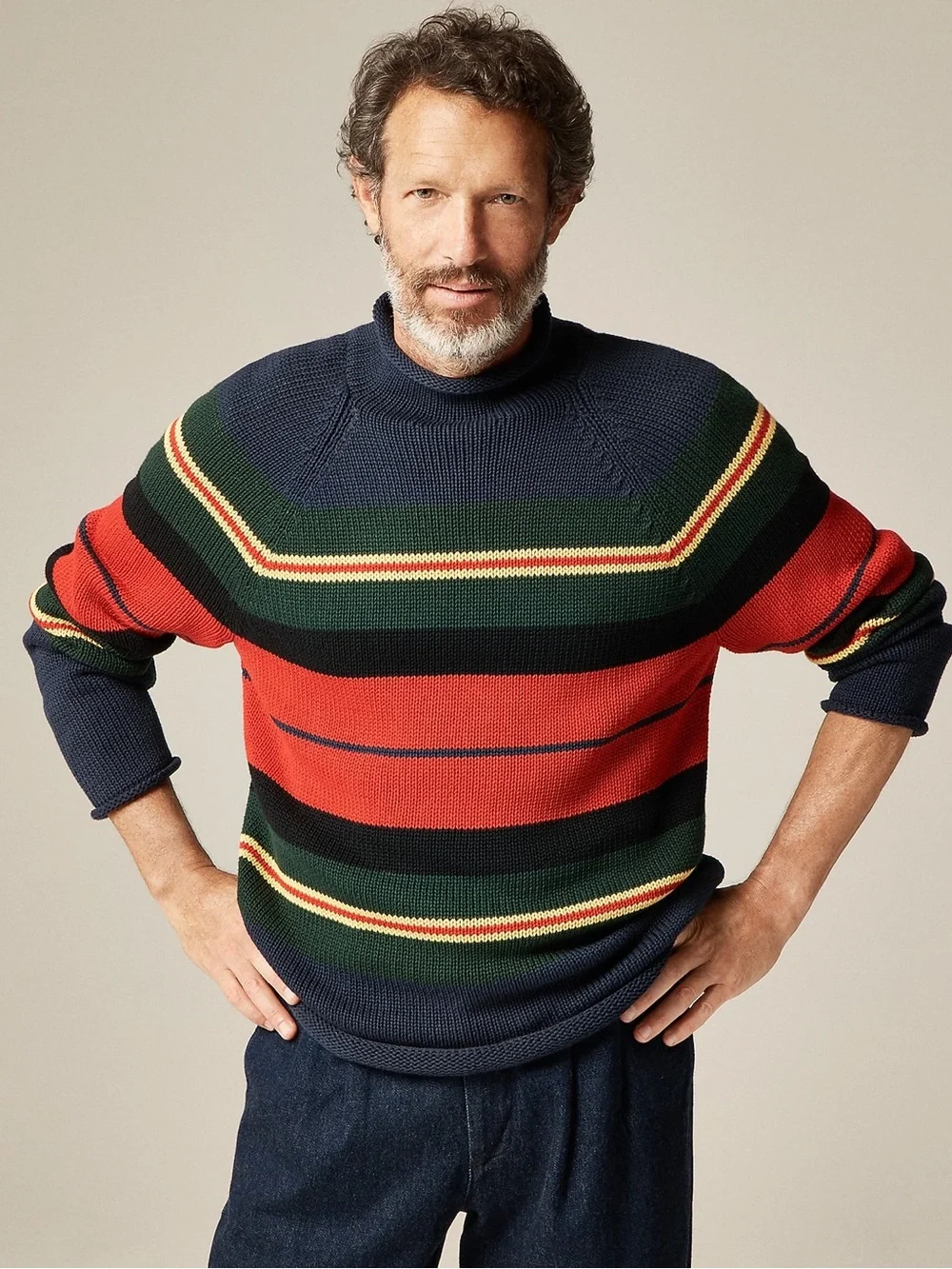 J.Crew Size L 1988 Rollneck™ Sweater in Cotton Rugby Stripe Navy Multi